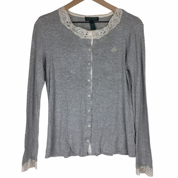 LAUREN RALPH LAUREN Cardigan Top Button Up Stripe Long Sleeve Ribbed Lace Small - Picture 11 of 11